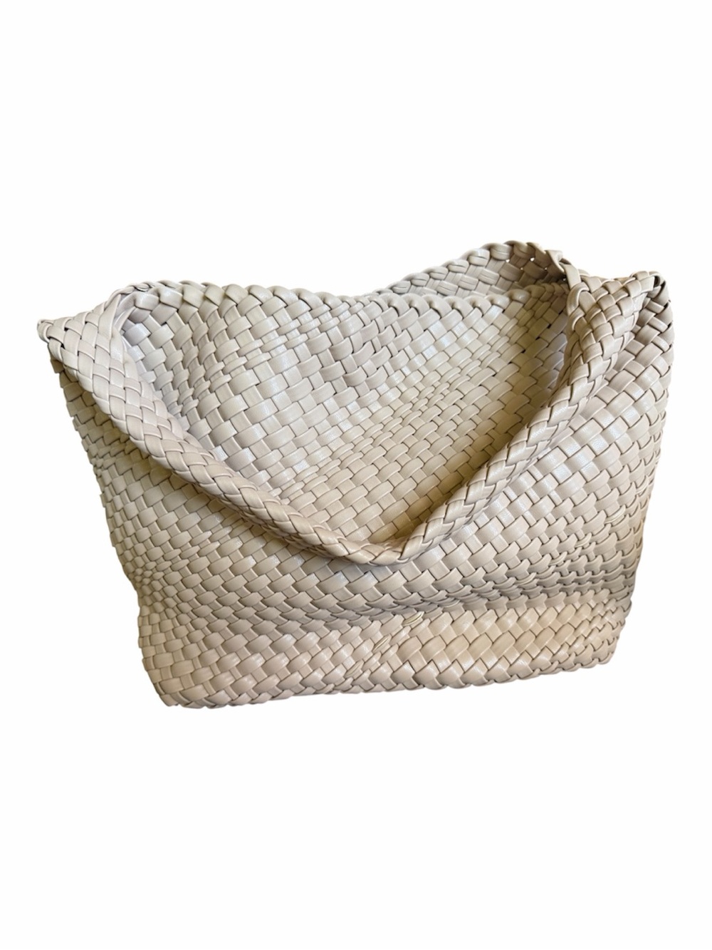 Beige Woven Faux Leather Hobo Bag